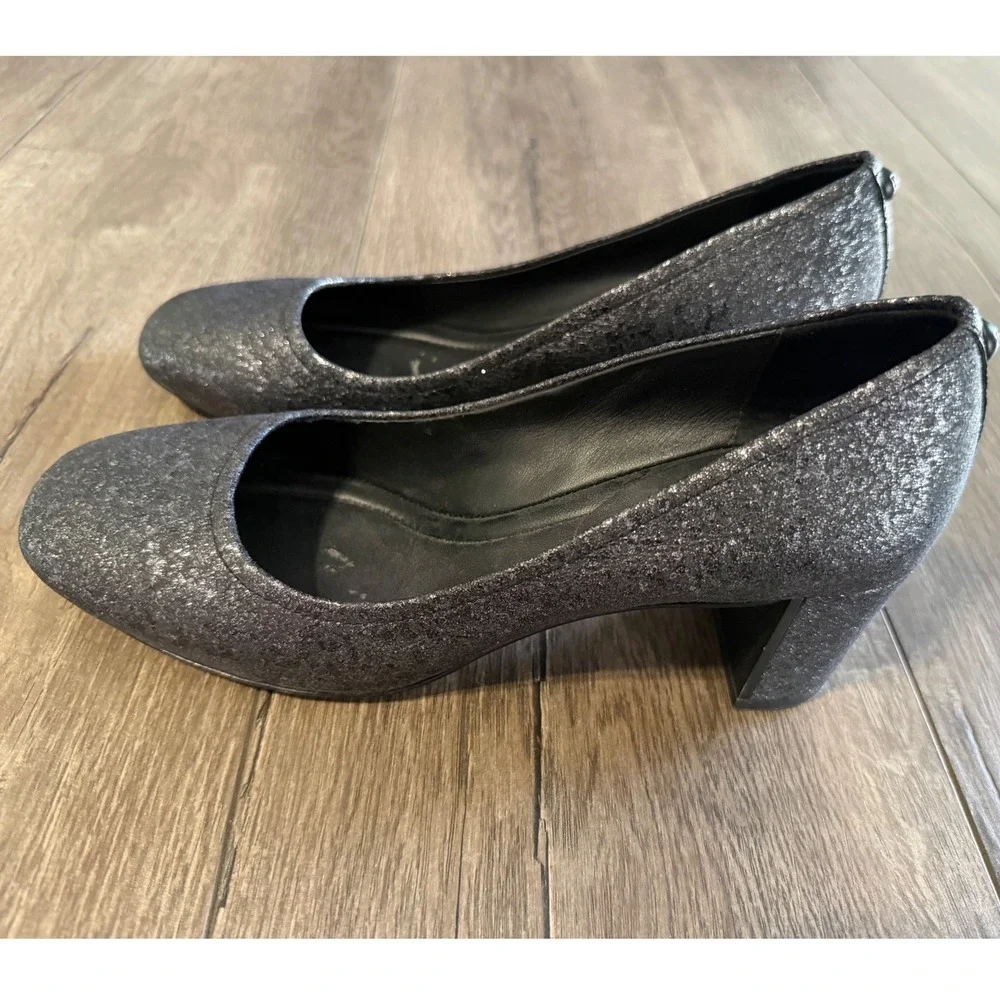 Donald Pliner Womens Silver Metallic Glitter Square Toe Block Heel‎ Pumps 7.5M